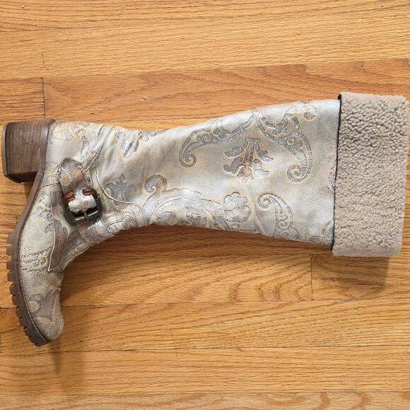 Knee High Embroidered Metallic Bronze Silver Sherpa Lined Rugged Western Boots 8 - Picture 11 of 11